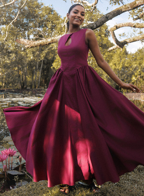 Burgundy Halter Neck Peek A Boo Dress