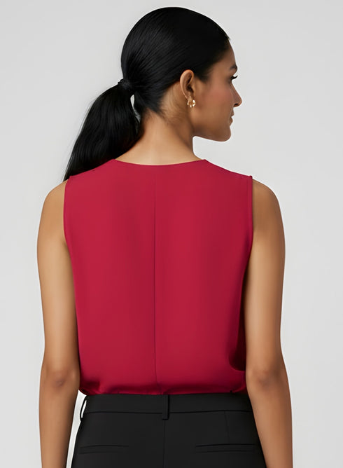 Red Sleeveless Shoulder Pleated Chiffon Top