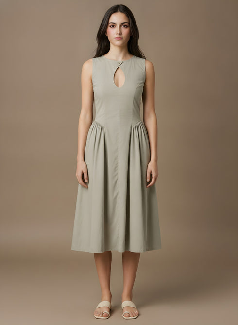 Khaki Front Open Side Gathered Dress