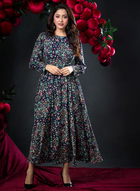 Long Sleeve Round Neck Floral Dress