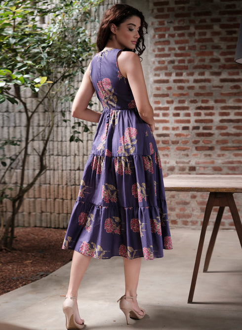 Purple Printed Sleeveless Tiered Dress