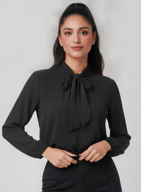 Black Bow Long Sleeve Chiffon Top