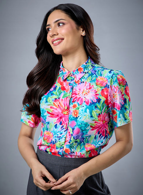 Printed Short Sleeve Floral Chiffon Top
