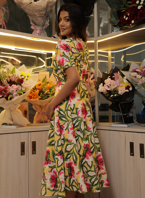 Pink Floral Printed Flared Chiffon Dress