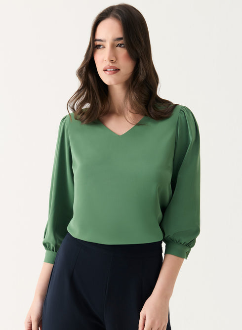 Fern-Green V Neck Long Chiffon Top