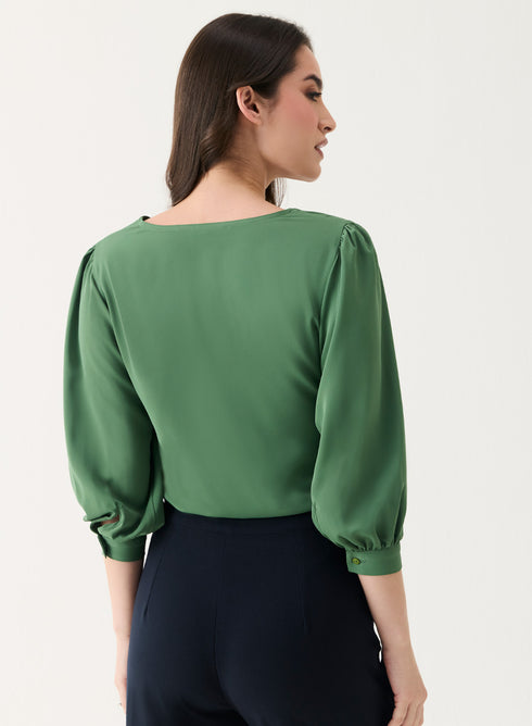 Fern-Green V Neck Long Chiffon Top