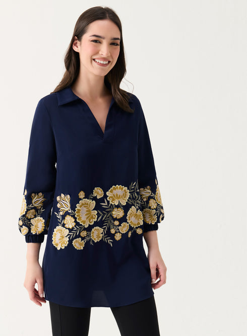 Embroidered Chiffon Collared Sleeve Torso Top