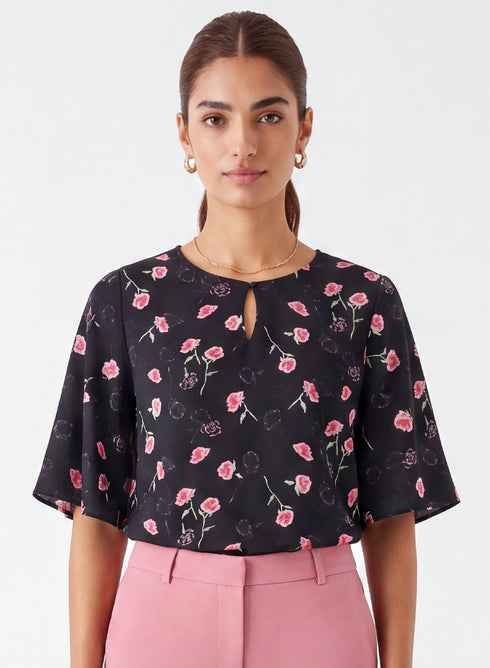 Black Floral Sleeve Flared Printed Top