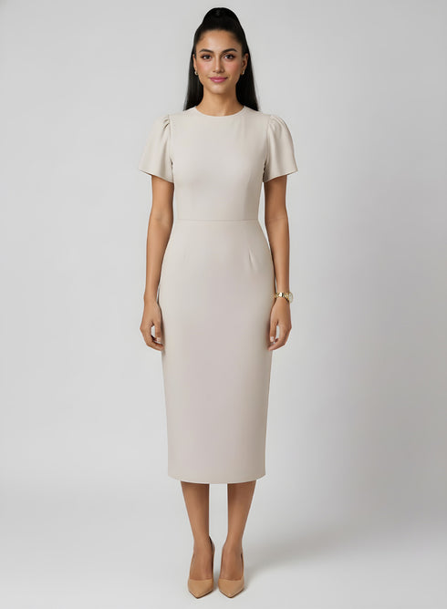 Beige Sleeve Detail Bodycon Formal Dress