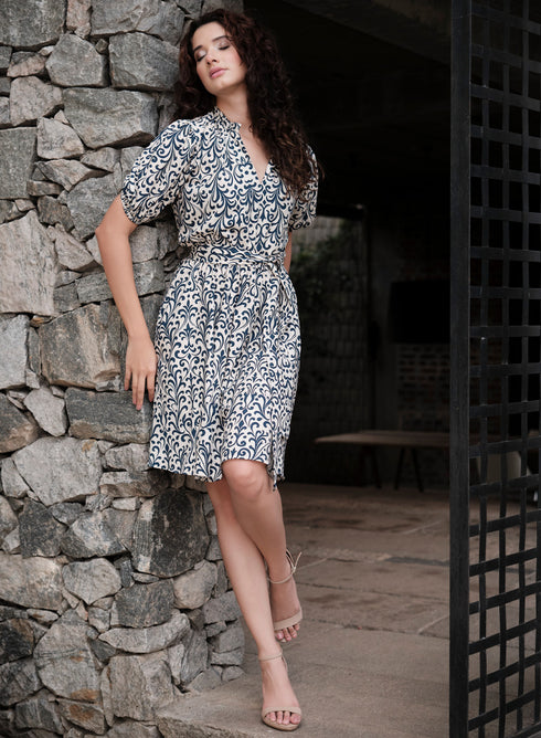 Printed Short Sleeve Beige Cotton Dress
