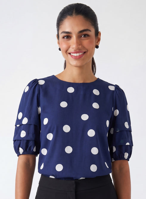 Blue Polka Dot Sleeve Pleated Top