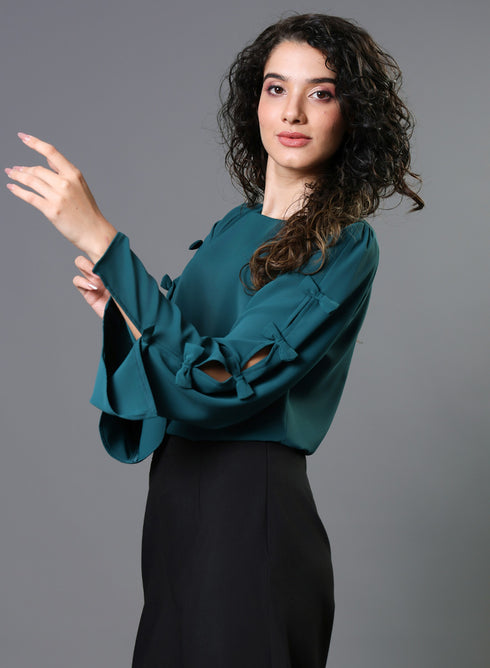 Chiffon Bow Dark Green Top