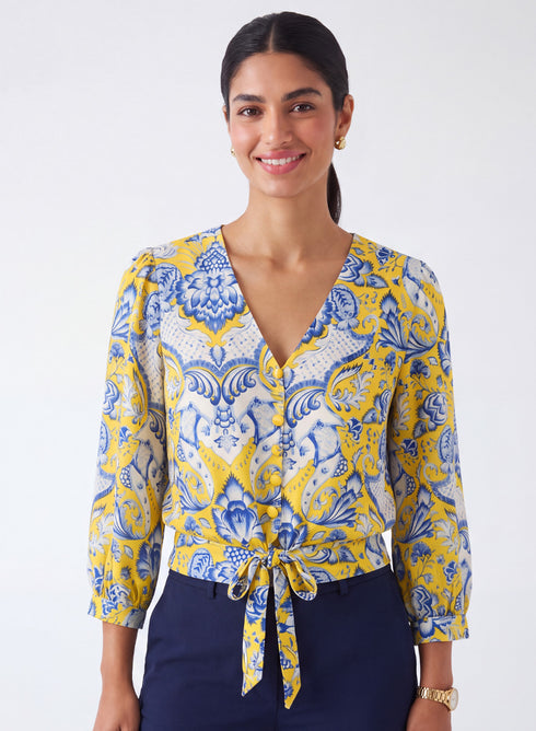 V Neck Yellow Printed Crop Top