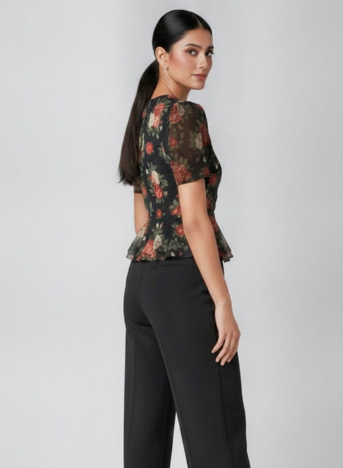 Green Floral Half Sleeve Peplum Top
