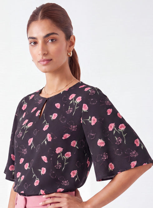 Black Floral Sleeve Flared Printed Top