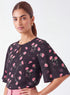 Black Floral Sleeve Flared Printed Top