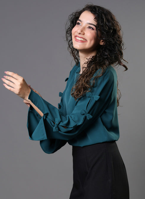 Chiffon Bow Dark Green Top