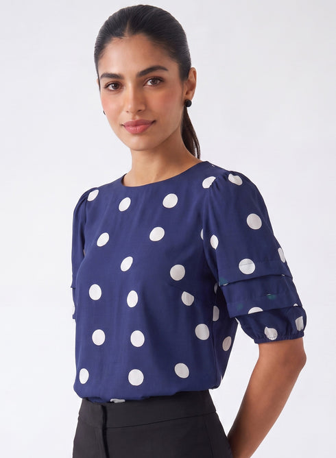 Blue Polka Dot Sleeve Pleated Top