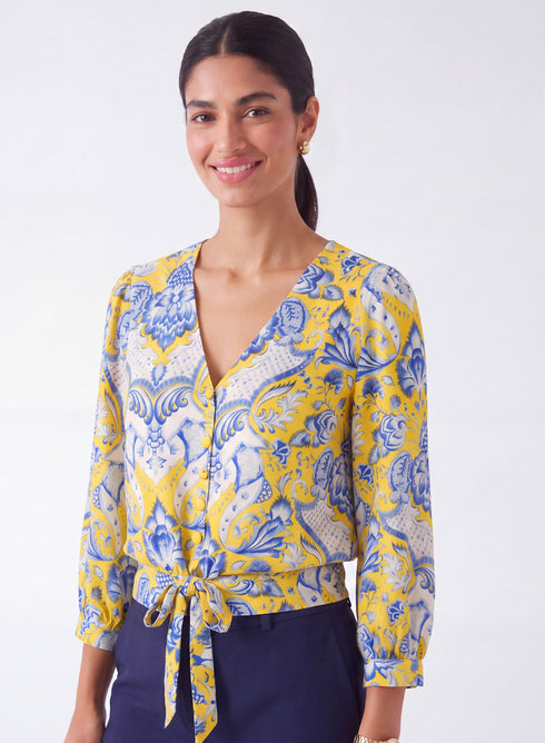 V Neck Yellow Printed Crop Top