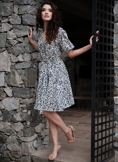 Printed Short Sleeve Beige Cotton Dress