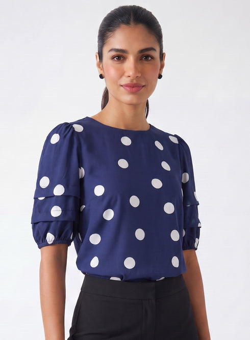 Blue Polka Dot Sleeve Pleated Top