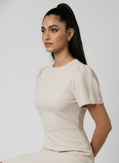 Beige Sleeve Detail Bodycon Formal Dress