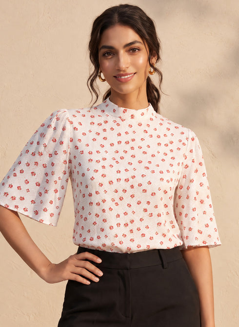 Red Micro Floral Print Sleeve Flared Top