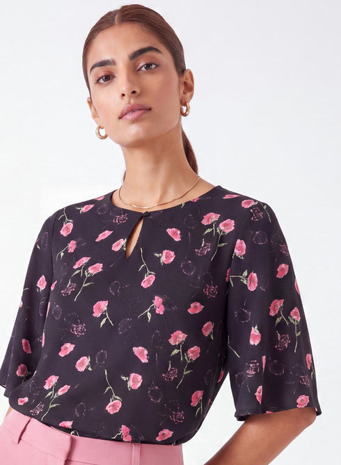 Black Floral Sleeve Flared Printed Top