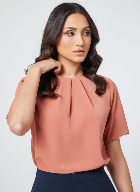 Pleated Short Sleeve Chiffon Orange Top