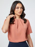 Pleated Short Sleeve Chiffon Orange Top
