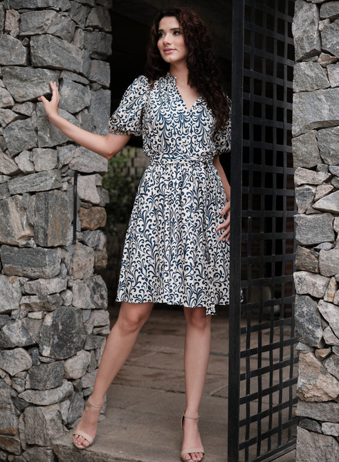 Printed Short Sleeve Beige Cotton Dress