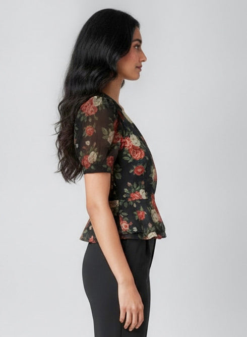 Green Floral Half Sleeve Peplum Top