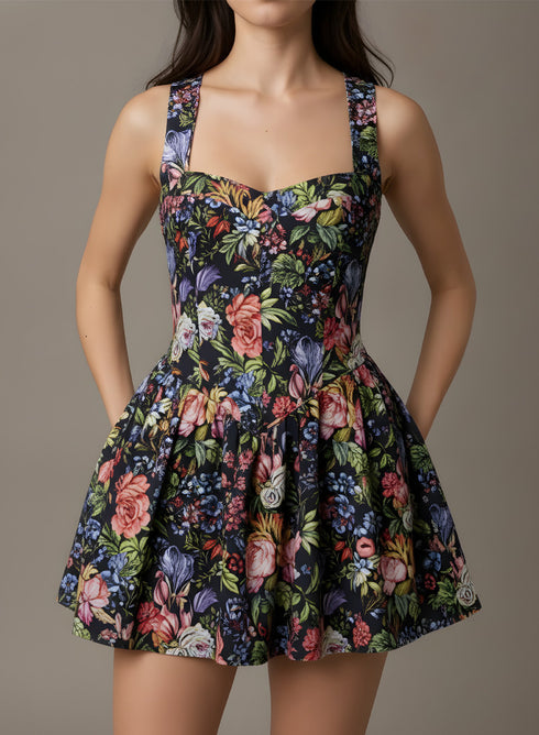 Floral Printed Back Cross Detail Dress