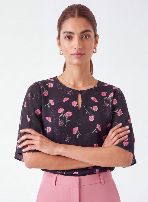 Black Floral Sleeve Flared Printed Top