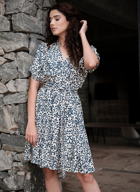 Printed Short Sleeve Beige Cotton Dress