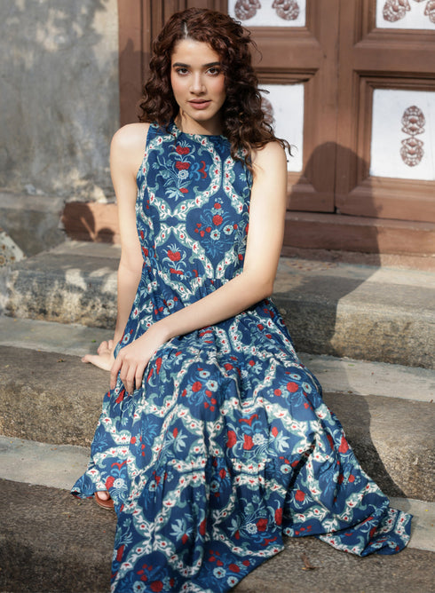 Sleeveless Three Tiered Blue Dress