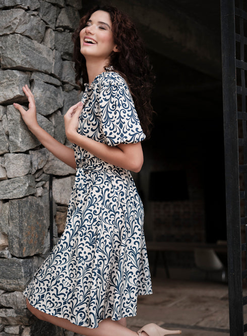 Printed Short Sleeve Beige Cotton Dress