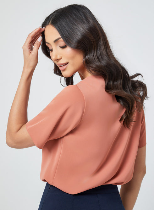 Pleated Short Sleeve Chiffon Orange Top