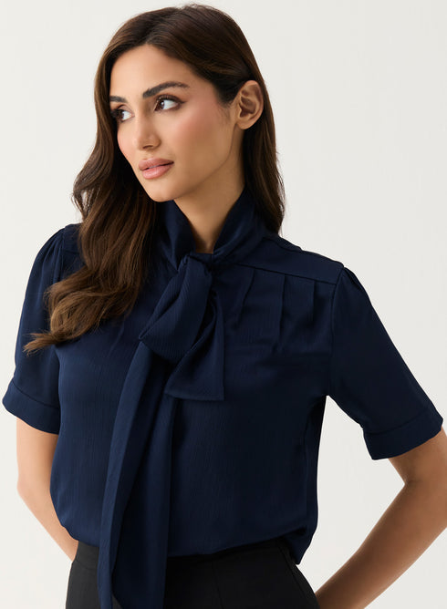 Navy Blue Short Sleeve Neck-Tie Top