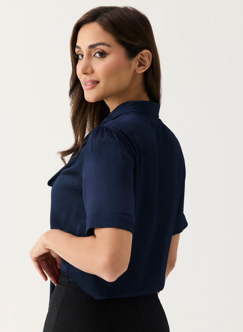 Navy Blue Short Sleeve Neck-Tie Top