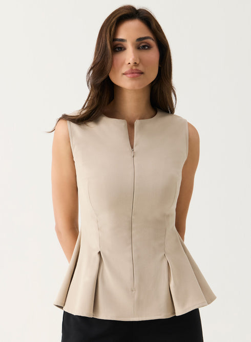 Front Open Sleeveless Top - Beige