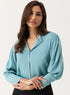 Lapel Collared Sation Shirt Top -Light Blue
