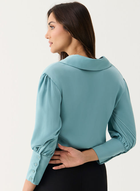 Lapel Collared Sation Shirt Top -Light Blue