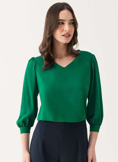 Green V Neck Long Chiffon Top
