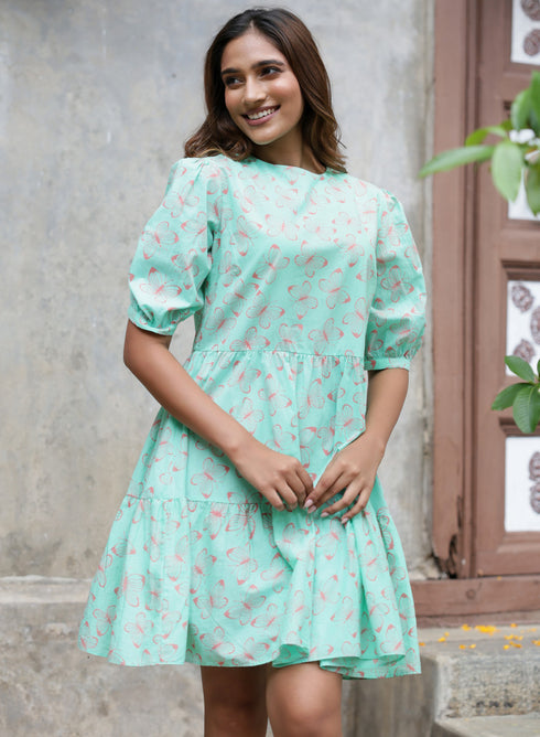 Diagonal Cut Block Green Printed Dress