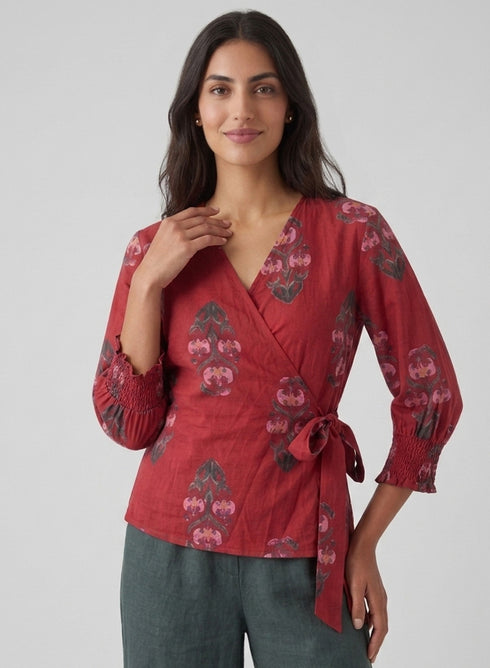Side Tie Block Printed Peplum Top