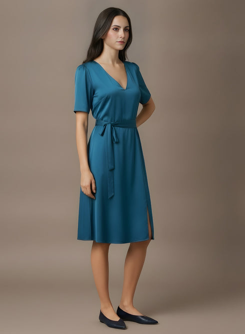 Teal Blue Satin Front Slit Dress