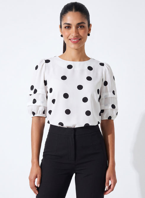 White Polka Dot Sleeve Pleated Top
