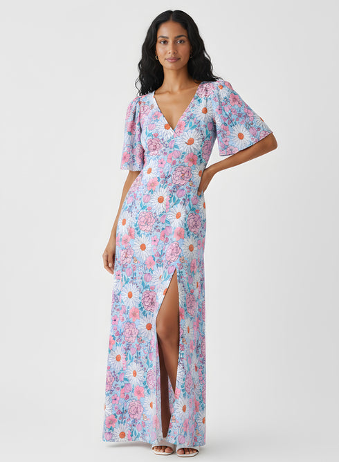 Curved V Neck Paneled Satin Printed Dress