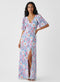 Curved V Neck Paneled Satin Printed Dress